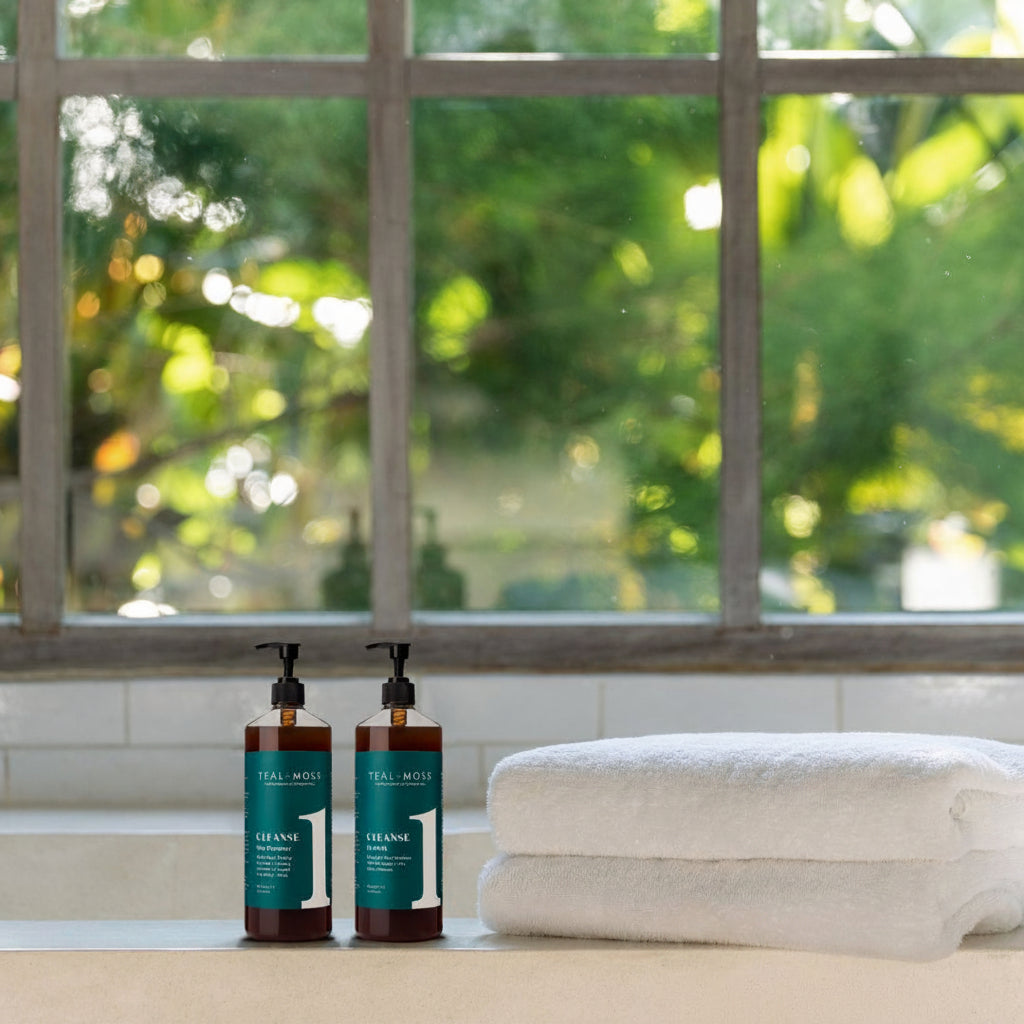 Two amber pump bottles of TRUE MOUTH cleansers sit on a bathroom counter next to a stack of white towels, with a blurred window and green foliage in the background.