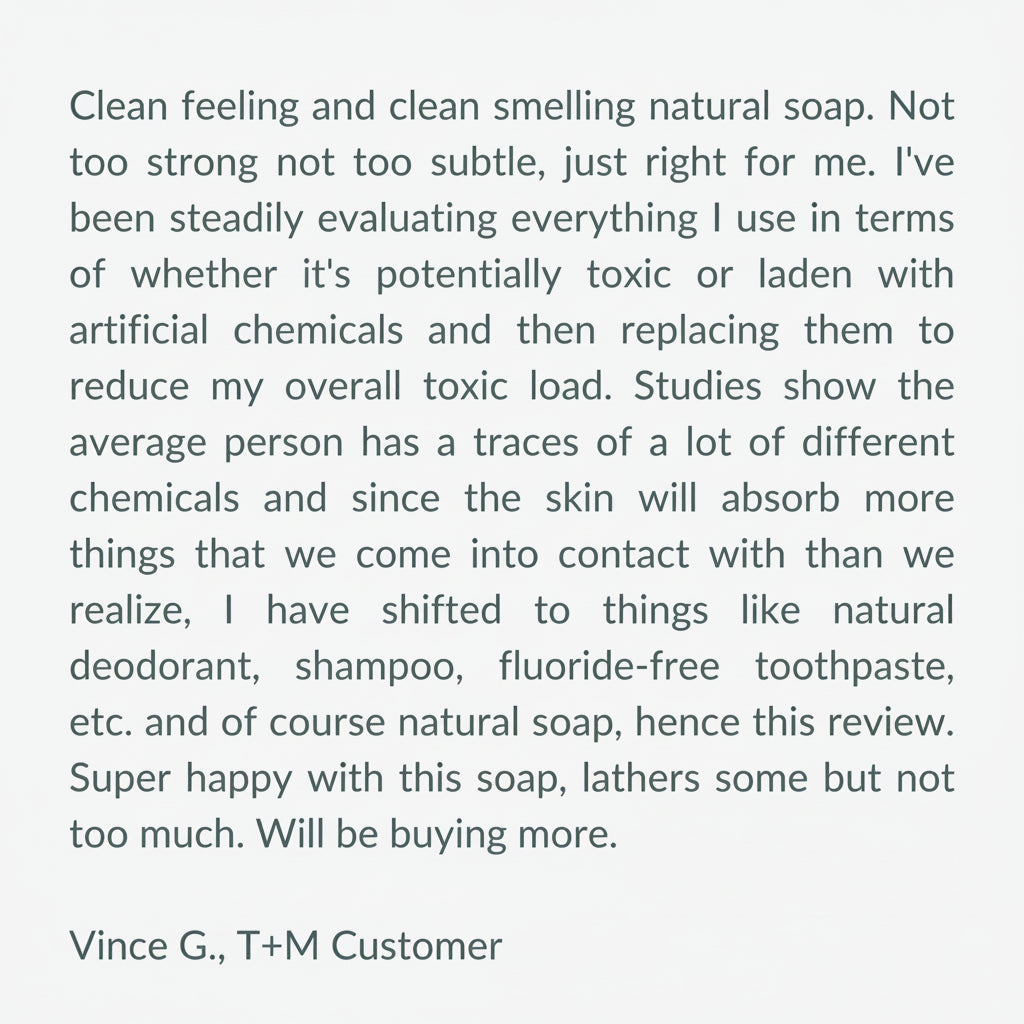 A customer review text on a solid light aqua background. The review is written in dark gray sans-serif font and signed by Vince G.