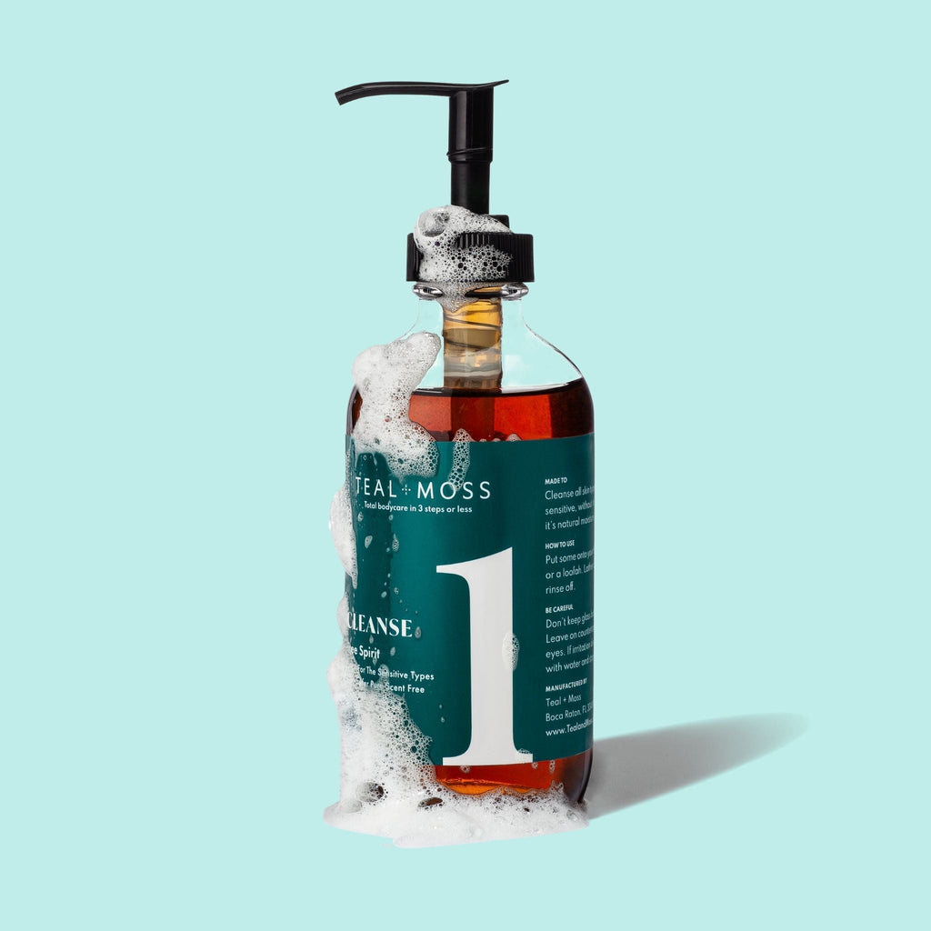 All Natural Liquid Soap in glass bottle with pump by teal and moss hand face body cleanser