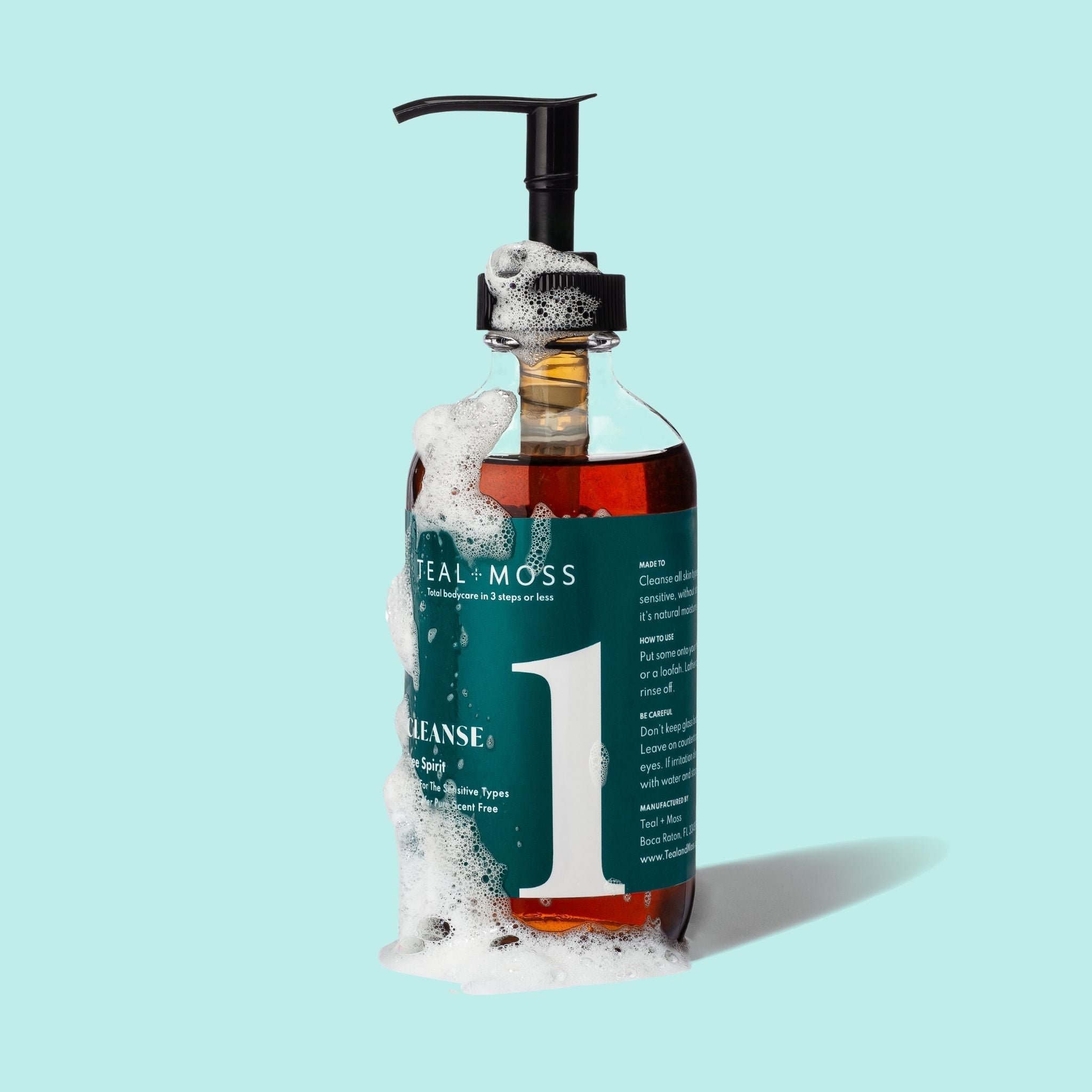 All Natural Liquid Soap in glass bottle with pump by teal and moss hand face body cleanser