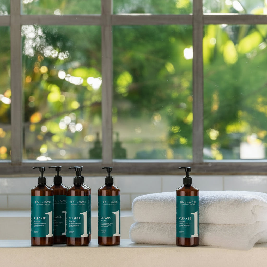 Two amber pump bottles of TRUE MOUTH cleansers sit on a bathroom counter next to a stack of white towels, with a large window showing a blurred green garden background.