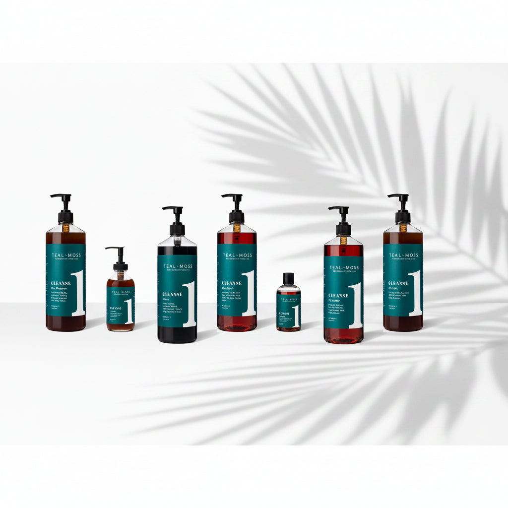 Six bottles of Teal and Moss Cleanser hair care products in various sizes, arranged in a row on a white background. The bottles are amber brown with dark teal labels and black pump dispensers.